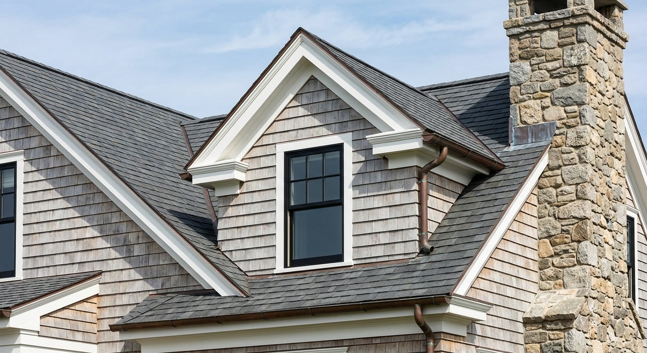Fieldstone chimney overlaps a dormer above cedar shingles, with a copper gutter and charcoal roof.
