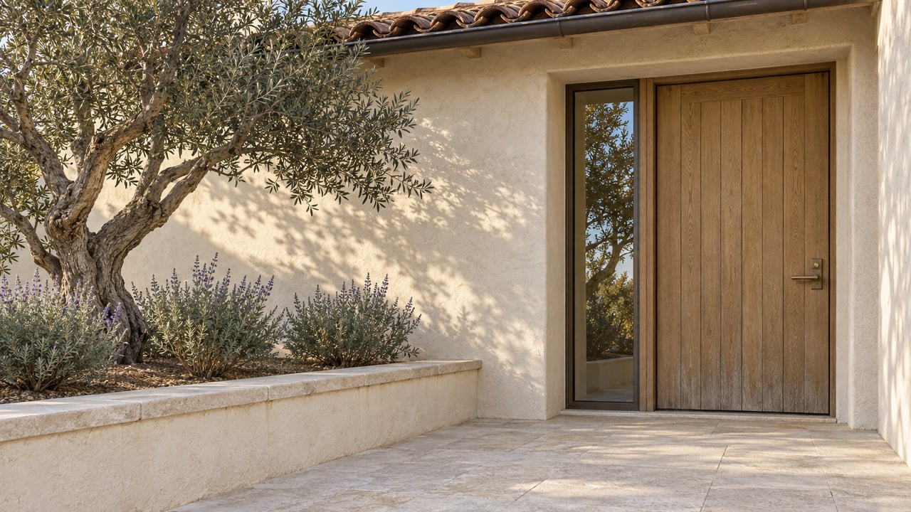 Home entrance with a tall wooden door, tiled patio, and olive tree.