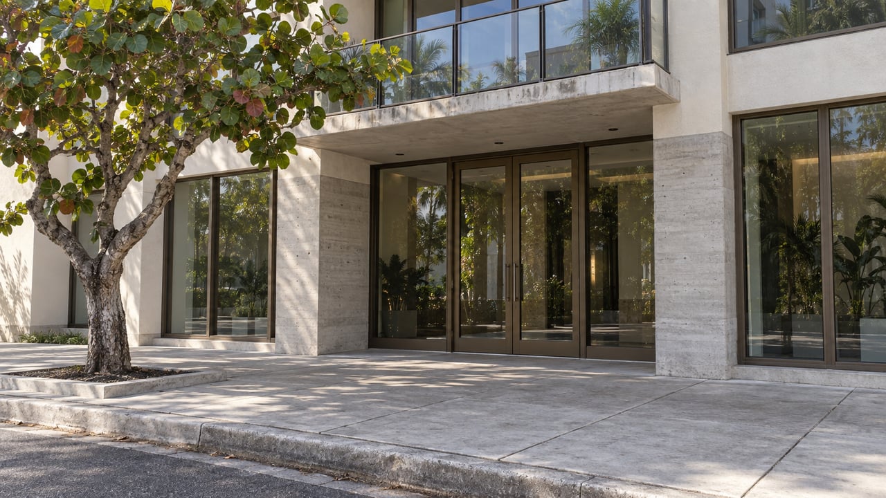 Urban apartment facade with a recessed glass lobby, projecting balcony, and leafy tree beside the sidewalk.