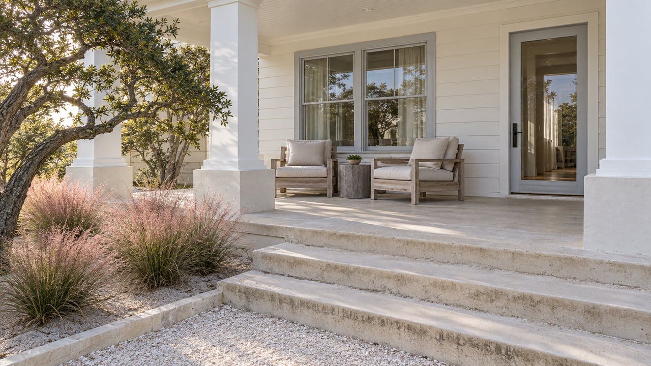 An ivory coastal home's covered porch with teak chairs, broad pale steps, and pink muhly grass beside a sandy approach.