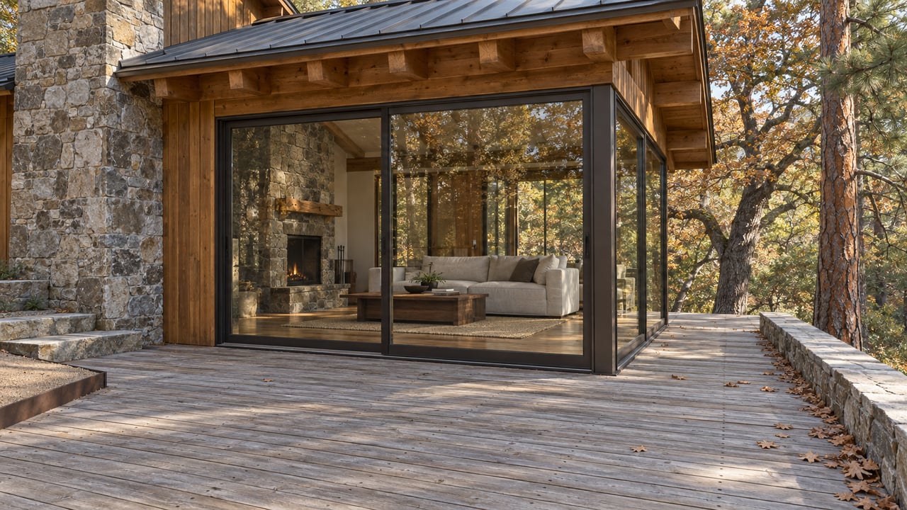 Weathered cedar deck beside a timber home with enclosed bronze-framed glazing, stone chimney and mature oak and pine trees.