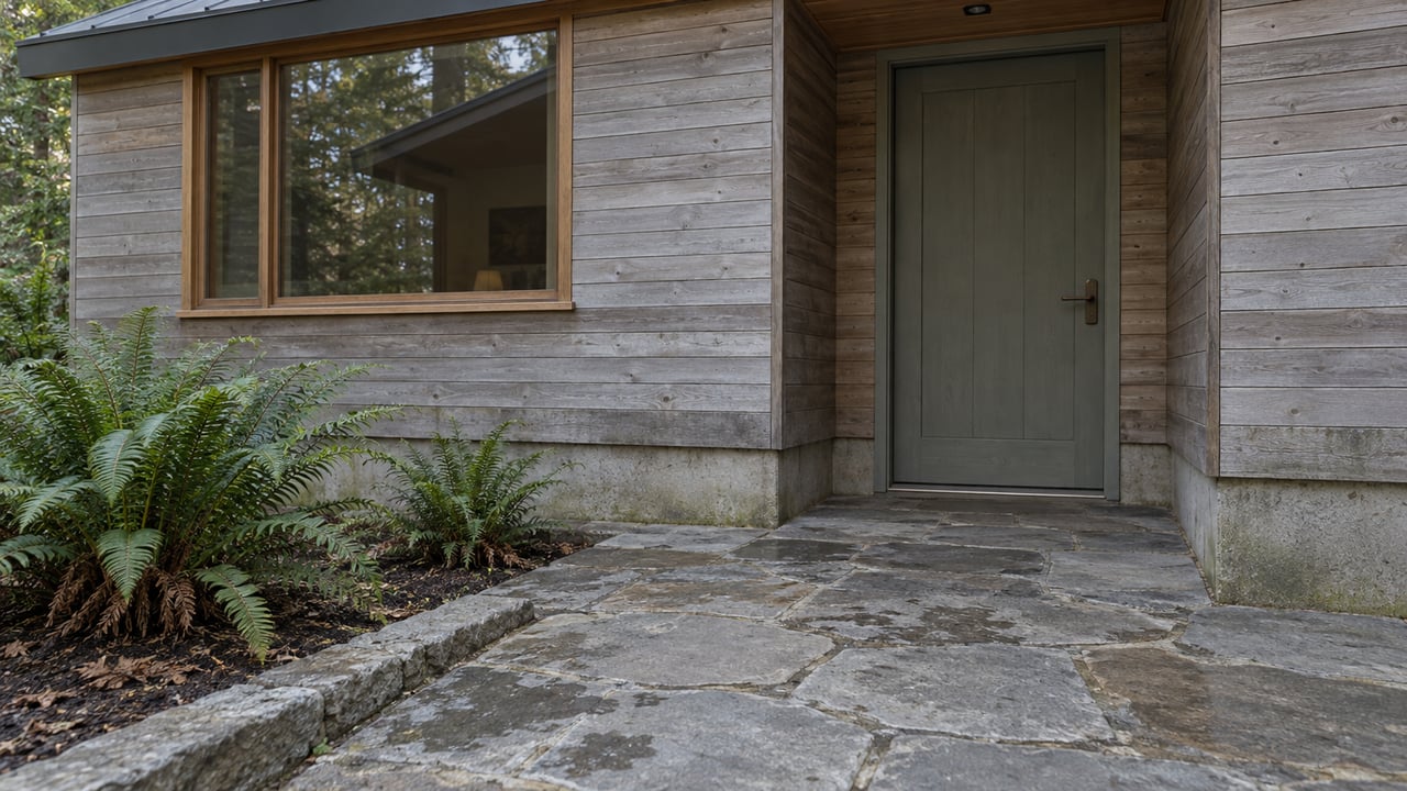 Weathered cedar entrance with a muted green door, stone landing and two sword ferns in a bordered planting bed.
