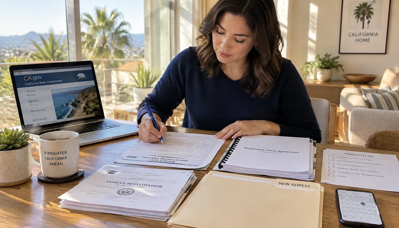Woman completes California residency paperwork at a table beside a laptop displaying the state government website.