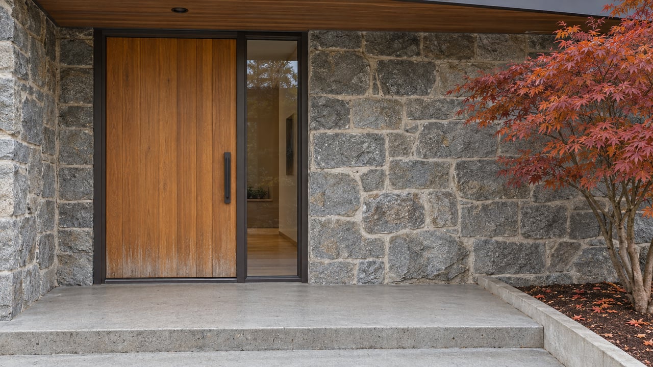 Sheltered cedar front door and glazed sidelight beside a textured gray stone wall, with a concrete step and one rust-red Japanese maple.