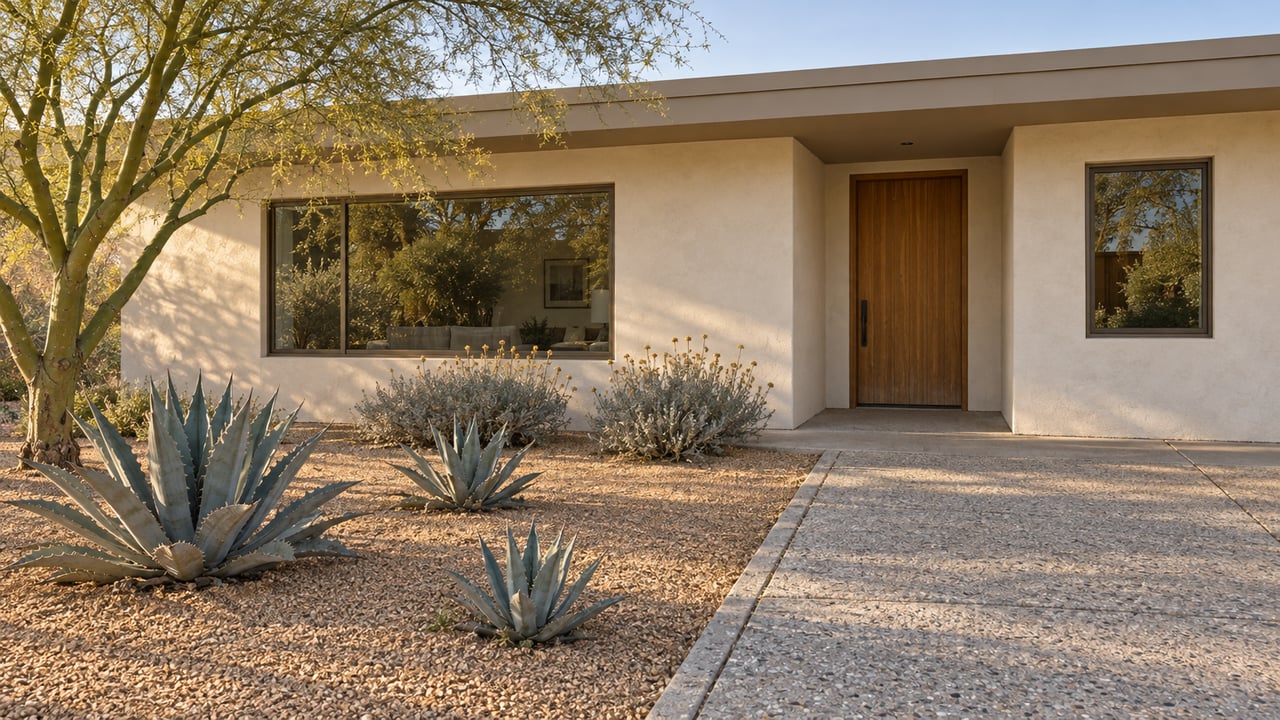 Late-afternoon light on a pale stucco home with a shaded wood entry, bronze-framed windows and a spacious desert garden.