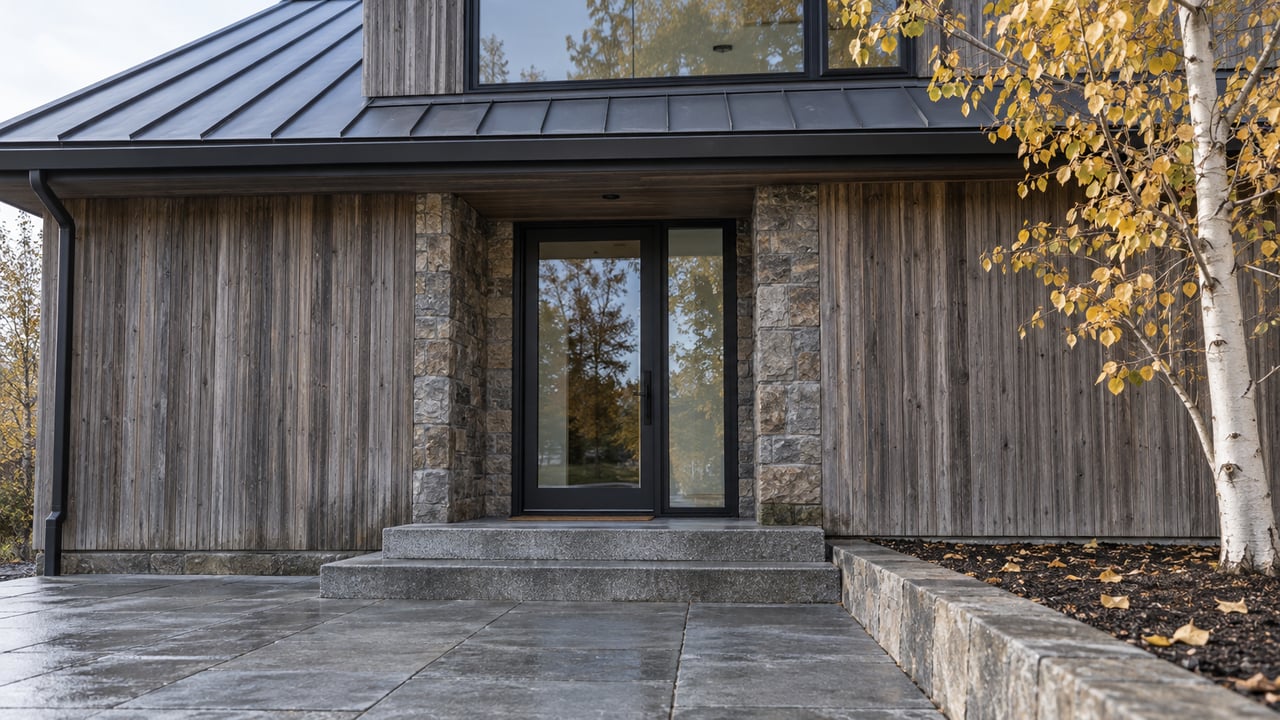 Timber-and-stone residence with a recessed glass entrance, damp stone forecourt and an autumn aspen.