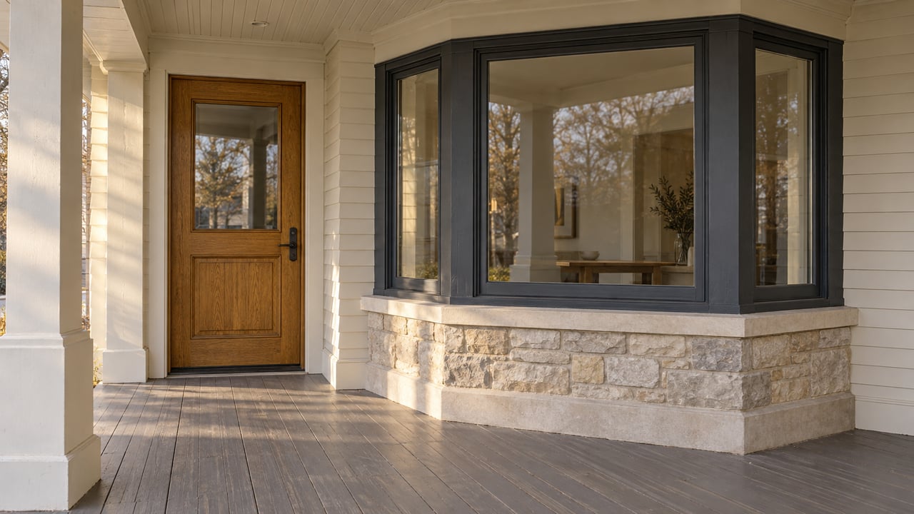 Warm autumn light across an ivory clapboard home's glazed window bay, oak front door and weathered painted porch floor.