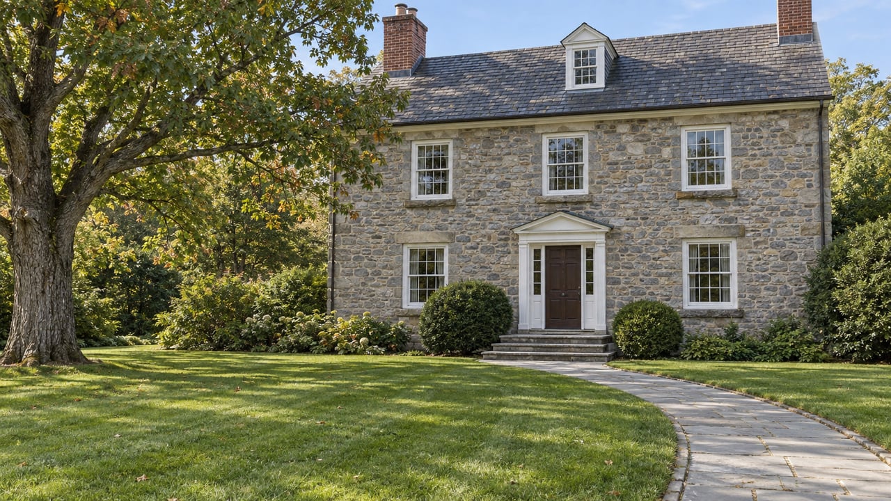 A substantial gray stone home with slate roof, white sash windows and brick chimneys beyond a broad lawn and curved bluestone approach.