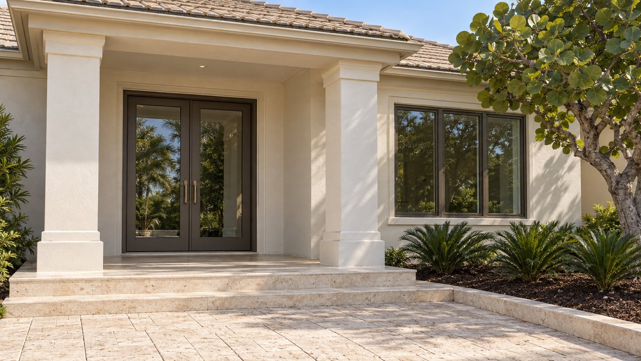 Sunlit ivory stucco entry with paired square columns, bronze-framed glass doors, pale stone steps and sculptural coastal planting.
