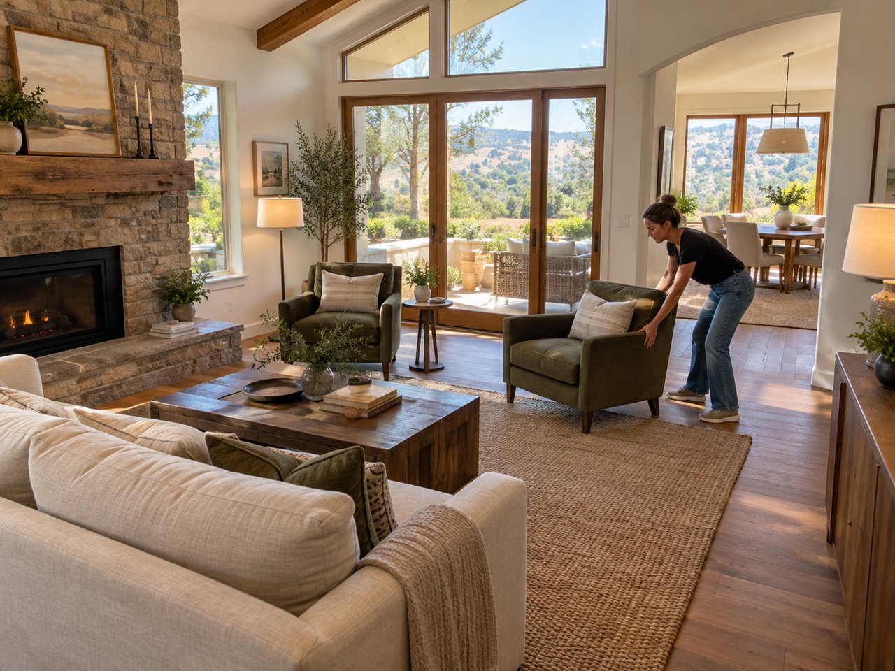 A staging professional repositions a lounge chair to open the circulation path through a furnished living room while preserving the room's natural character.