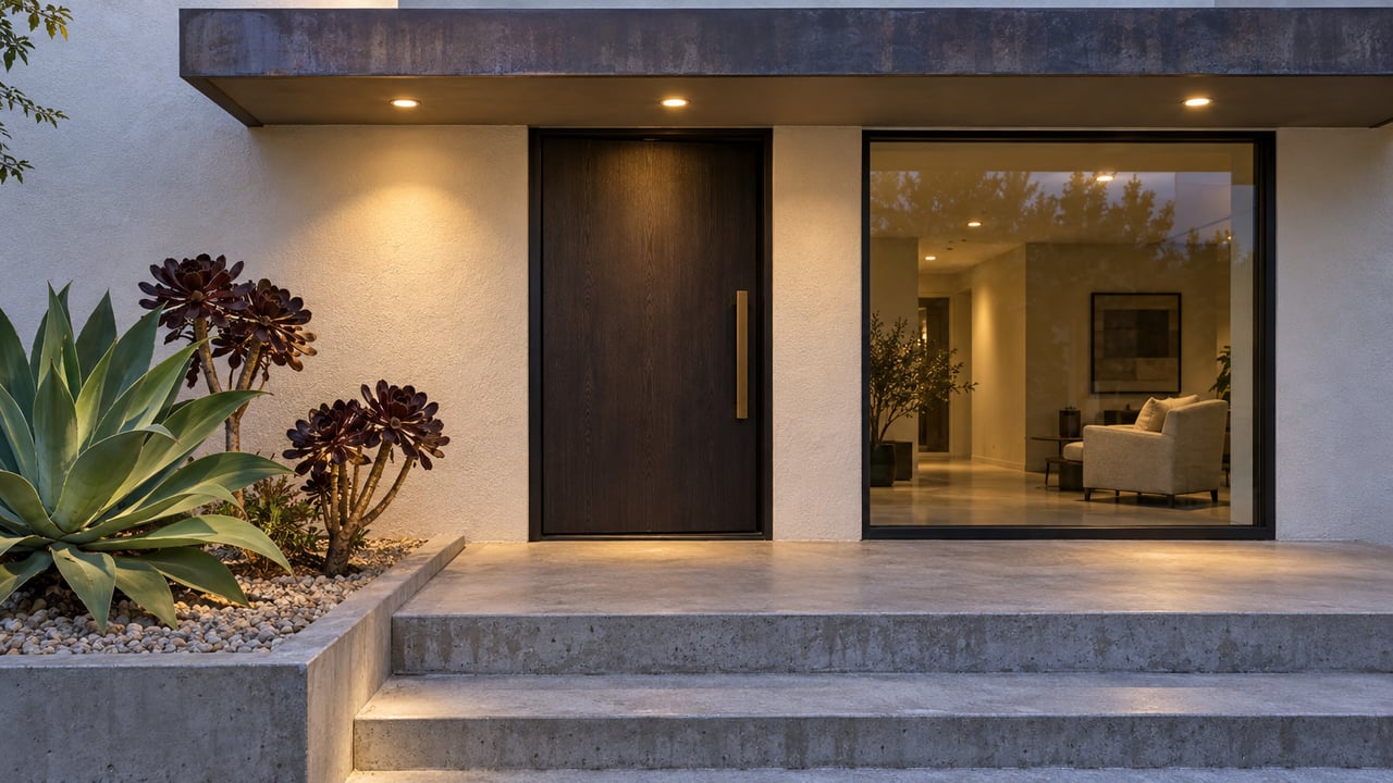 Contemporary stucco home entrance at blue hour, with a charcoal wood door, warm recessed lighting, concrete steps and sculptural succulents.