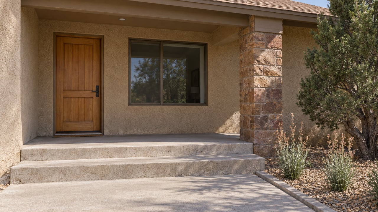 Earth-toned single-story home's shaded wood entry, sandstone porch pier and concrete steps beside a sculptural juniper.