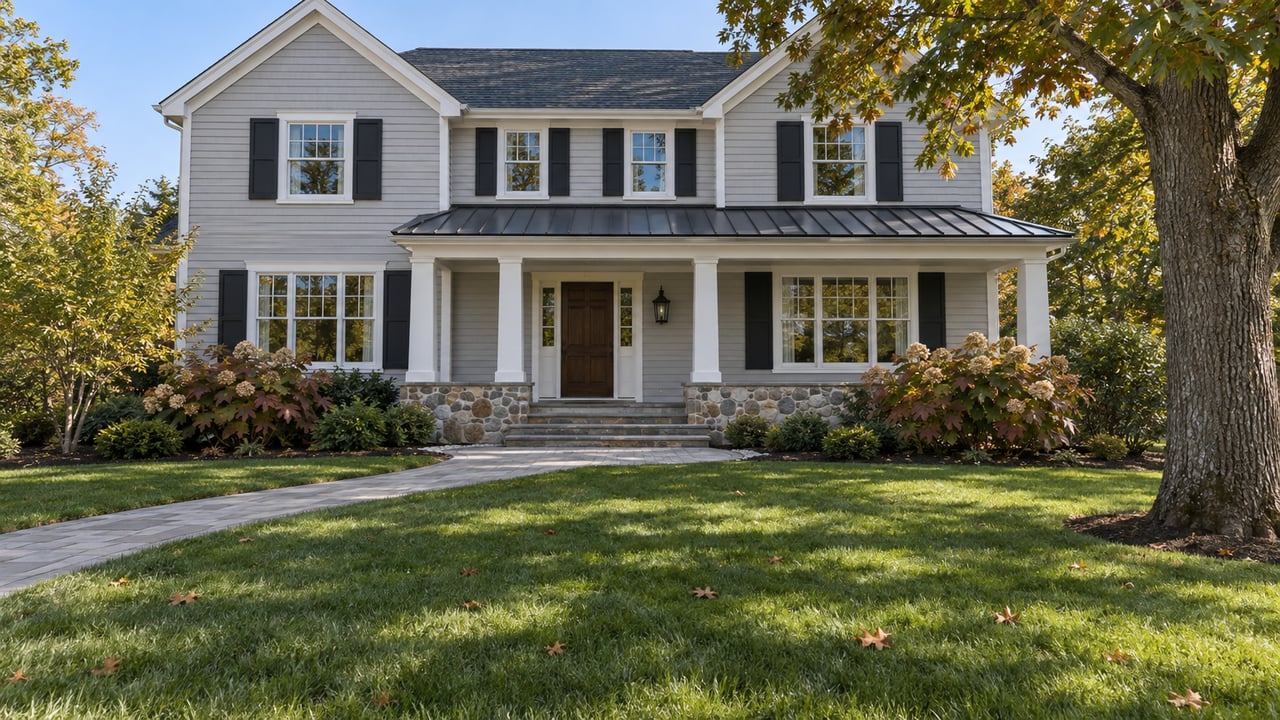Pale gray gabled home behind a deep lawn, with a raised stone porch and a mature oak beginning to turn bronze.