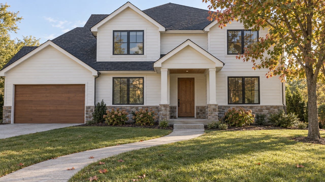 Two-story white-sided home with stone accents, a wooden garage door, and autumn trees.