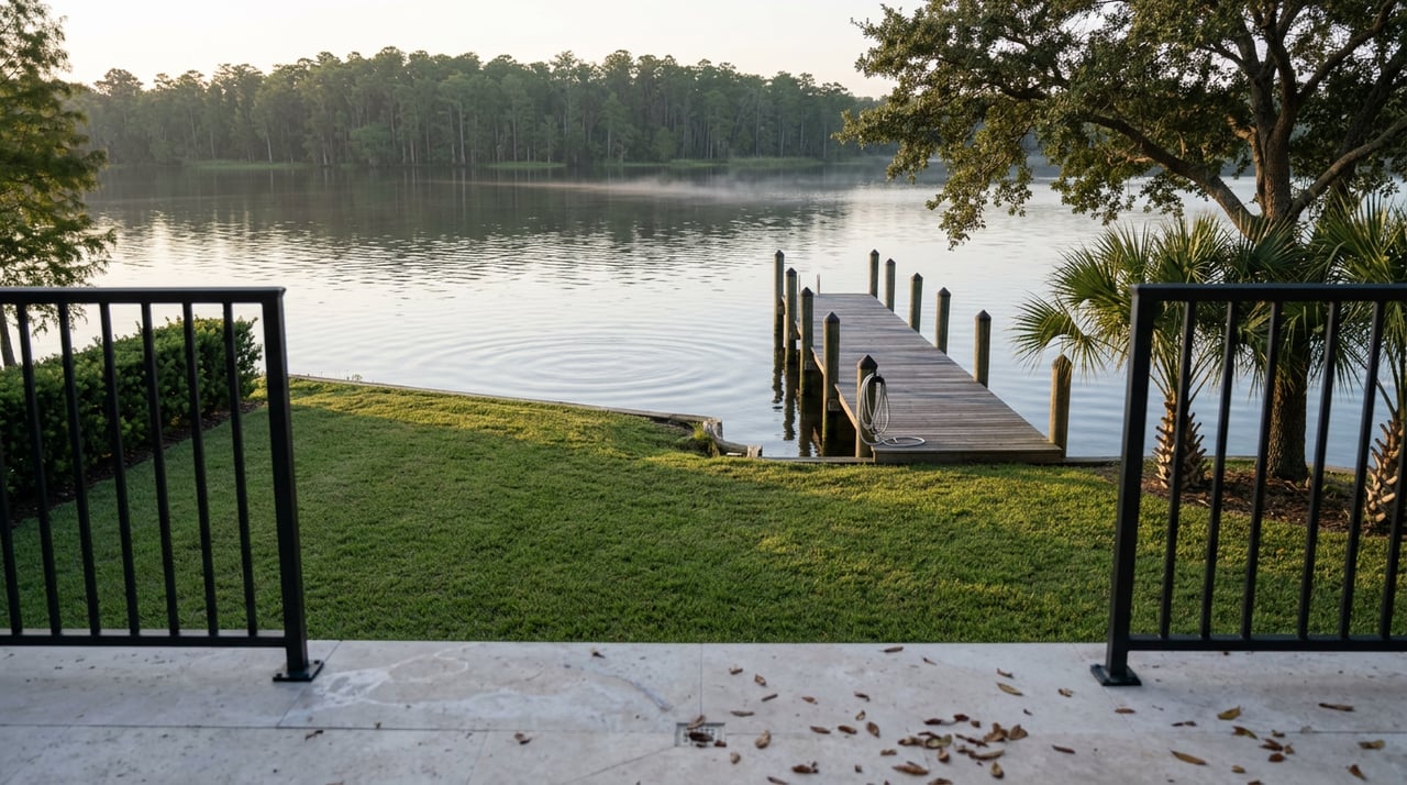 Lawn slopes to a weathered dock, framed by palms and oak, with mist over water.