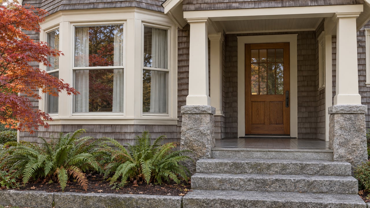 Weathered cedar-shingled house with an ivory-trimmed bay window, sheltered timber front door, granite steps and copper-red maple foliage.