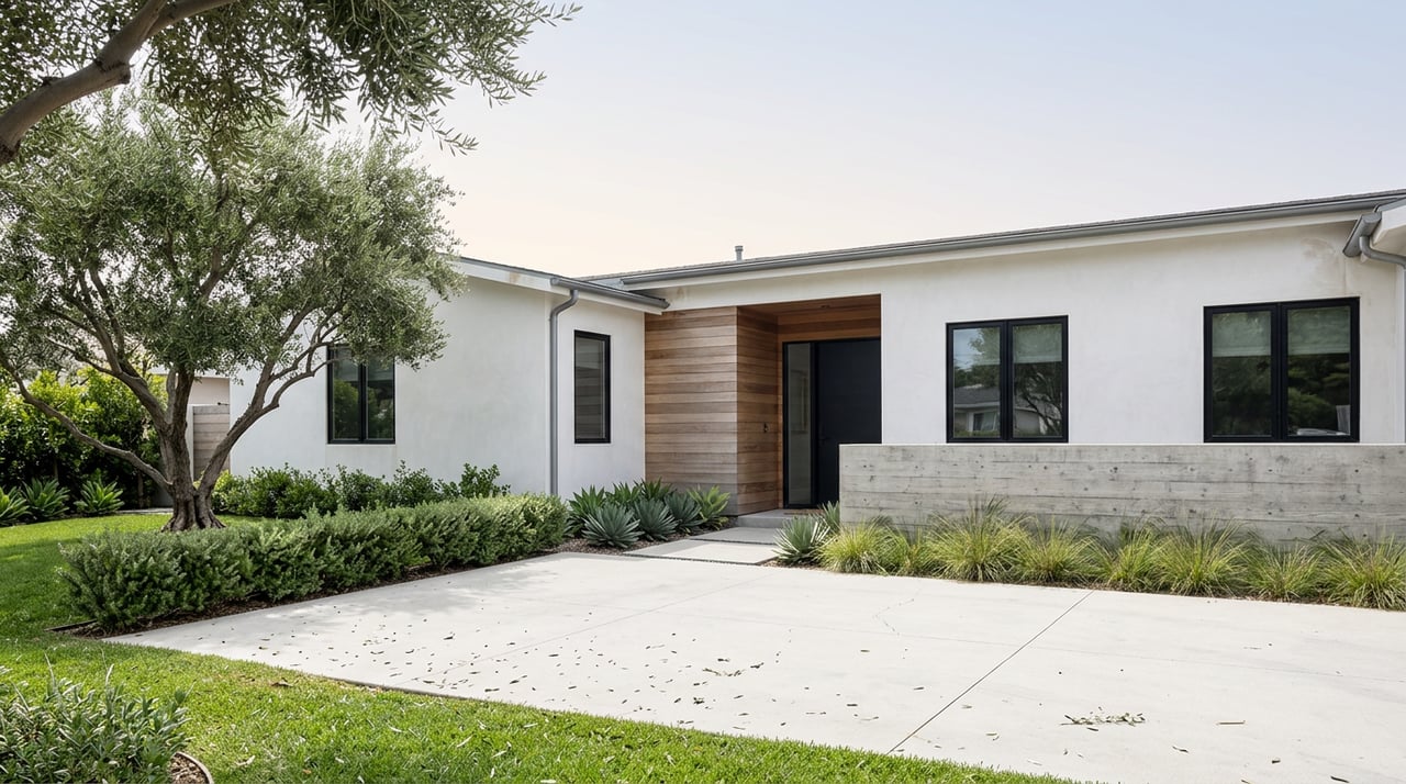 Coastal stucco home with a partial second story, olive tree, front garden, and paved motor court.