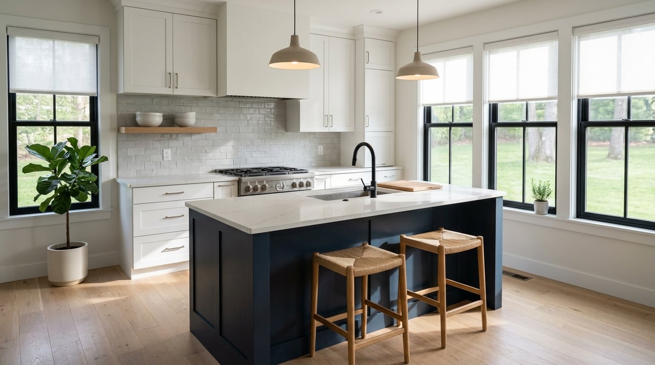Navy quartz kitchen island, with lawn and trees visible through a window.