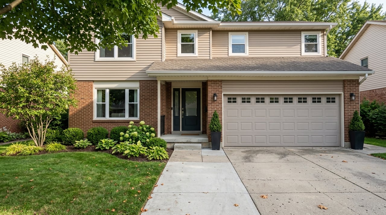 Two-story suburban home with a brick lower level, beige vinyl siding, attached two-car garage, and recessed entry.