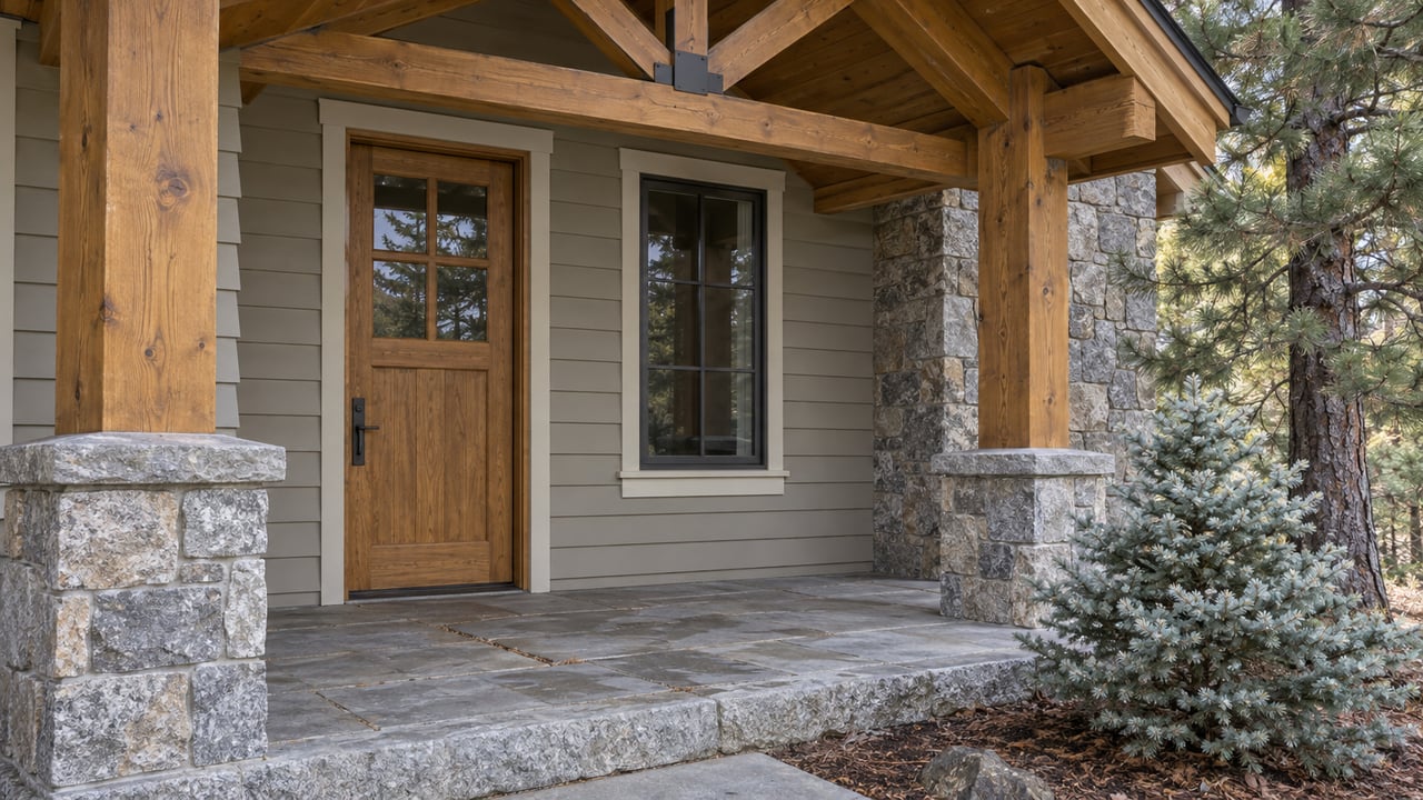 Covered home entry with timber truss, oak door, granite stonework and a flagstone landing beside a pine and blue spruce.
