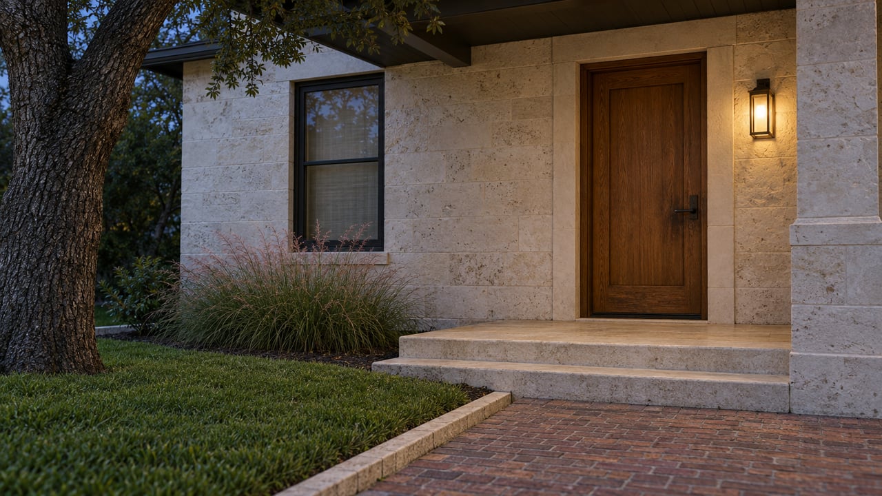 Bungalow entry with an oak door, limestone steps, warm sconce, and lawn beneath an oak tree.