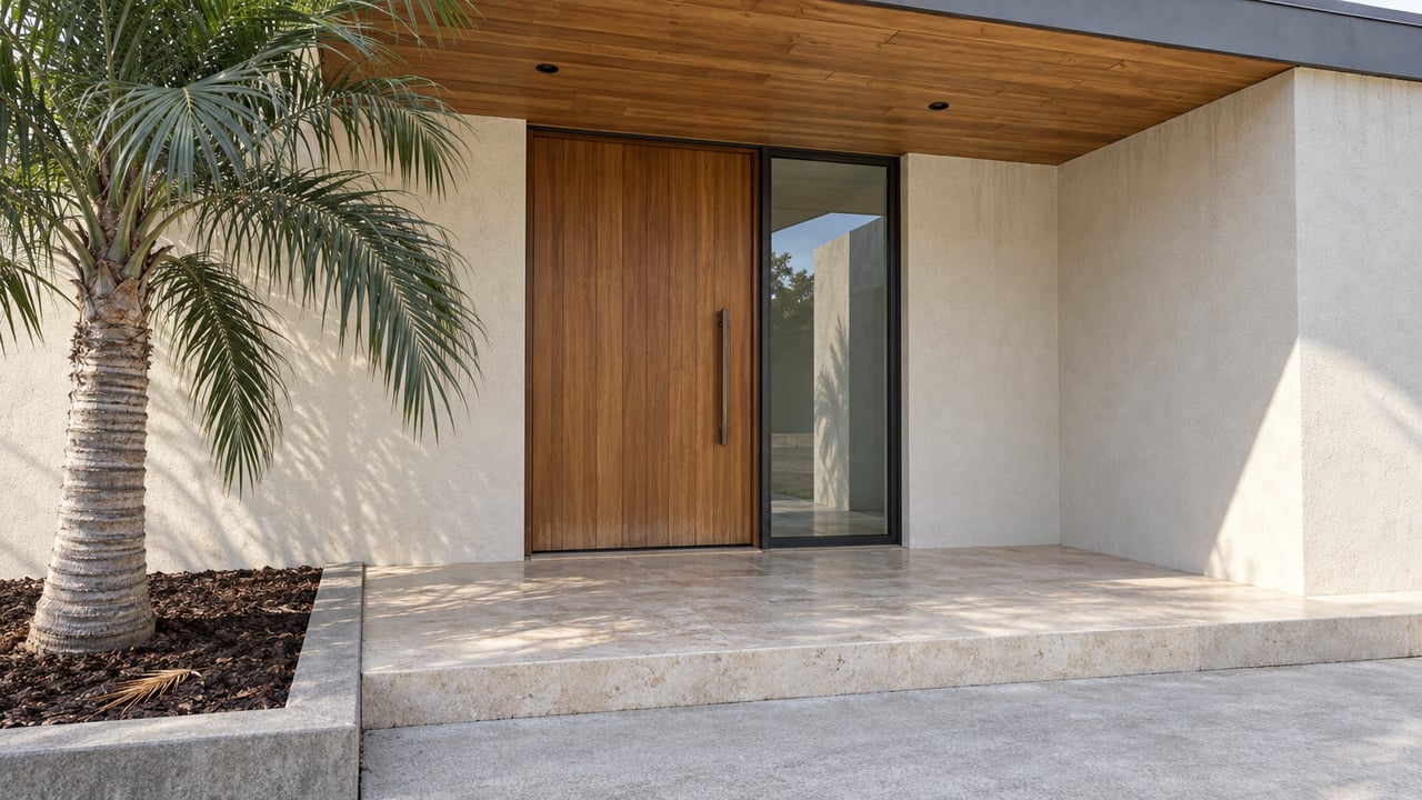 Modern home entrance with a tall wood door, glass sidelight, and palm tree.
