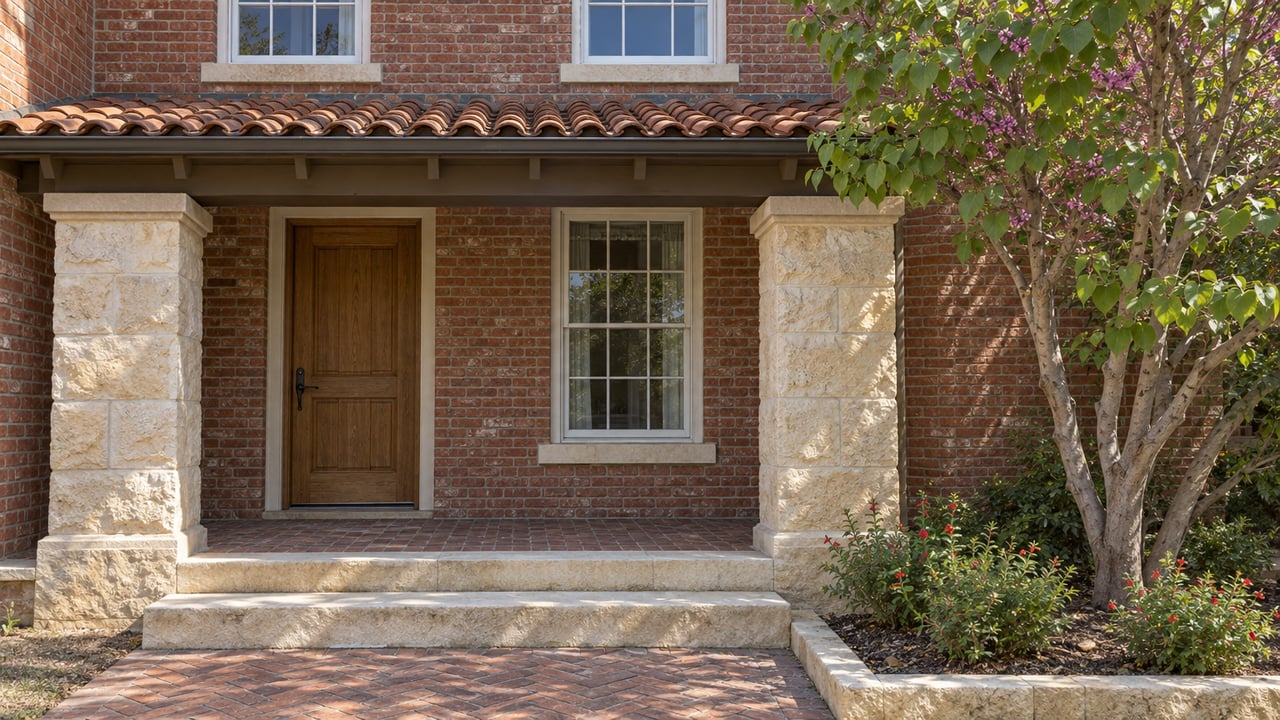 Red brick home with a clay-tile porch roof, limestone piers and steps, an oak entry door, and a small planted front garden.