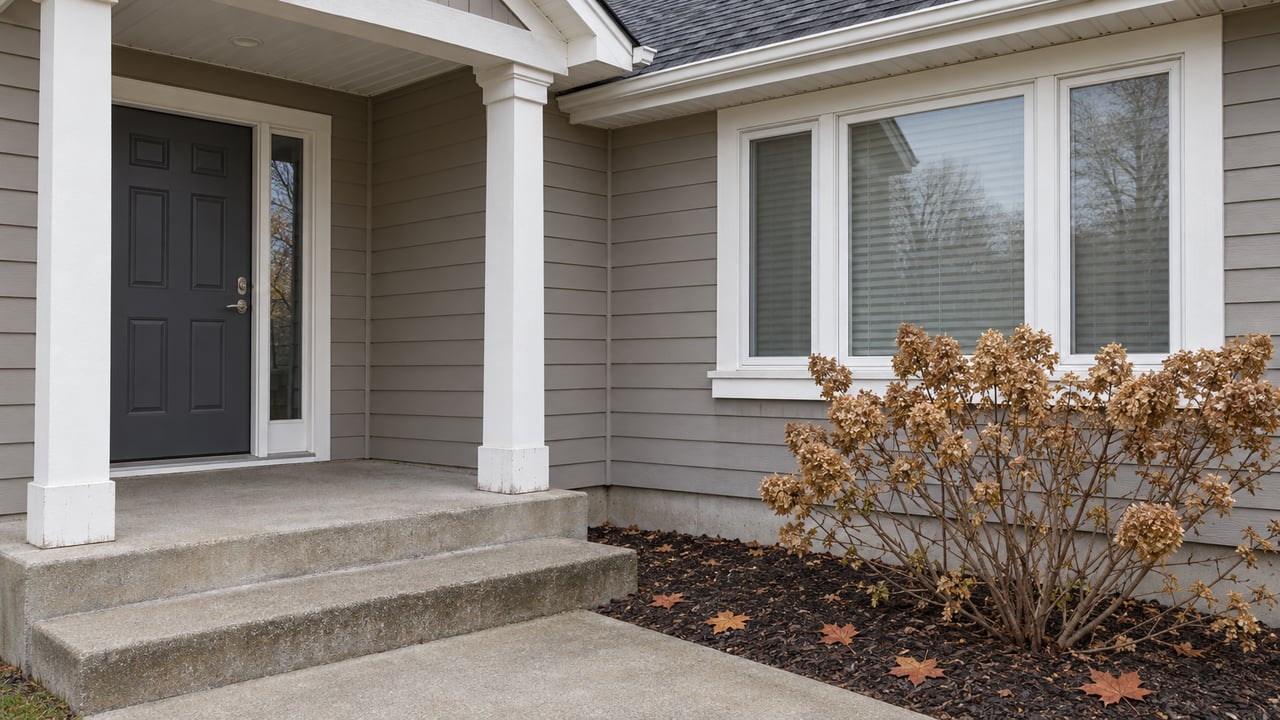 A covered entry with gray siding, white trim, concrete steps and a dried flowering hydrangea in soft late-fall light.