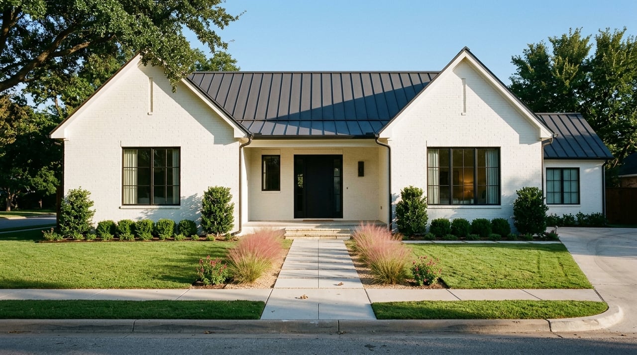Modern farmhouse with a recessed porch and two gables, framed by mature trees and a broad lawn.
