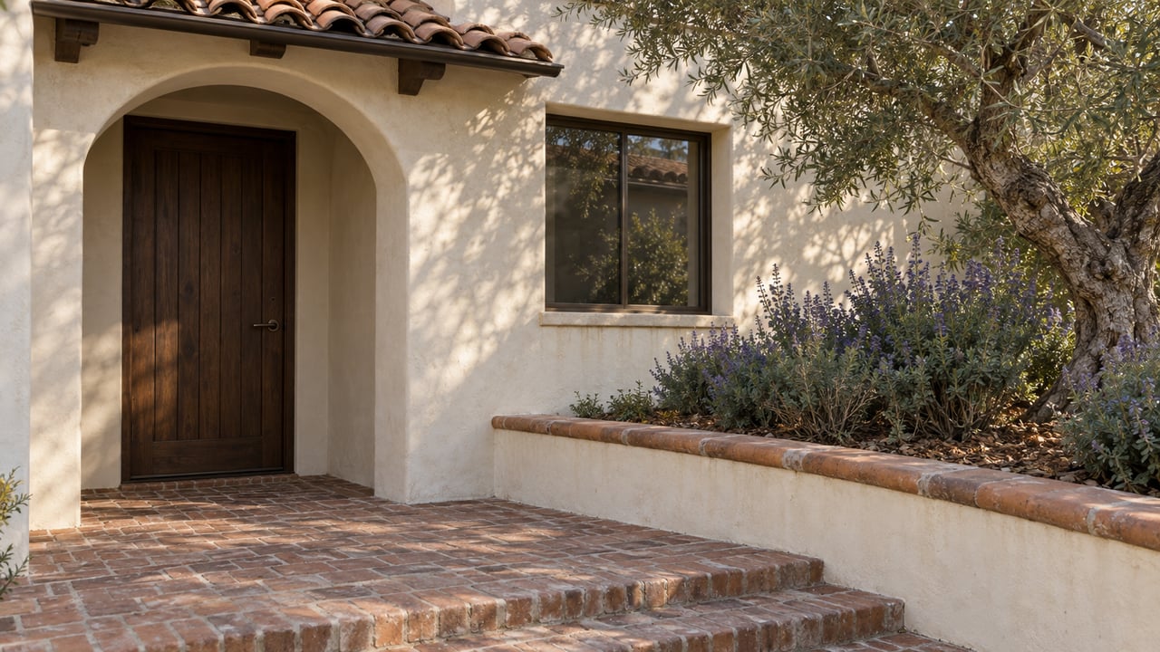 Cream stucco hillside entry with an arched oak door, clay tile roof, brick steps and an olive tree in a raised planting bed.