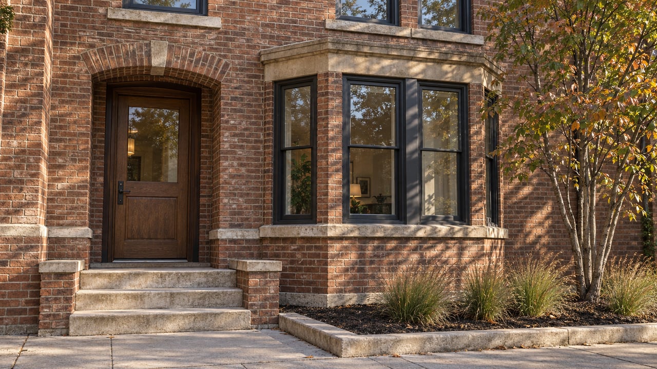 Warm morning light grazes a brick home's oak entrance, limestone steps and dark-framed window bay beside copper-tinged serviceberry leaves.