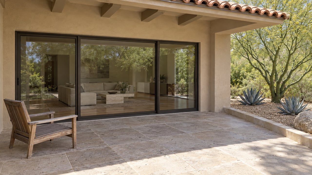 Covered patio with limestone paving, sand stucco, bronze-framed glass doors and a gravel garden containing a sculptural tree and two agaves.