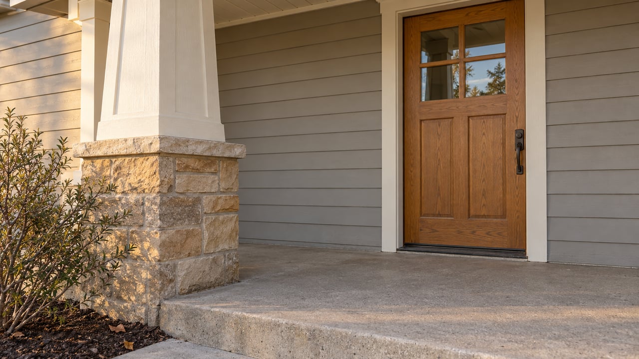 Warm afternoon light grazes a sandstone porch pier and closed oak front door beside gray siding and a small mountain mahogany shrub.
