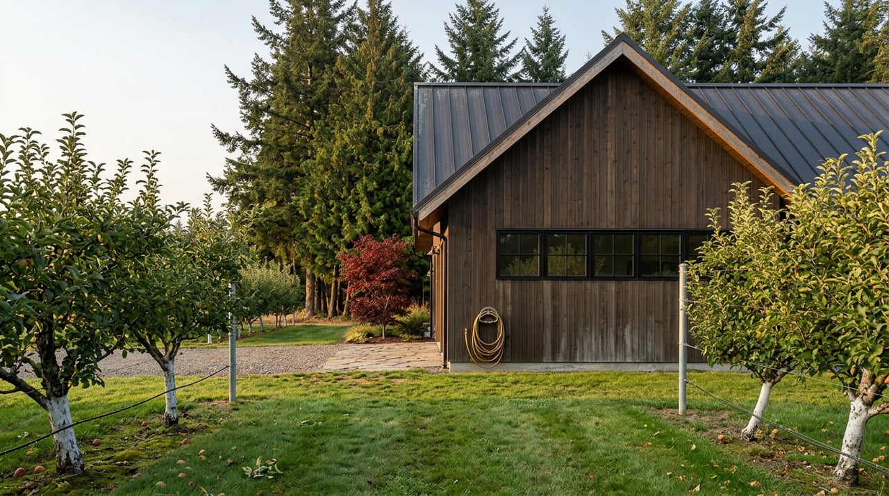 Dark-clad home with a standing-seam roof beyond apple rows, beside a red Japanese maple.