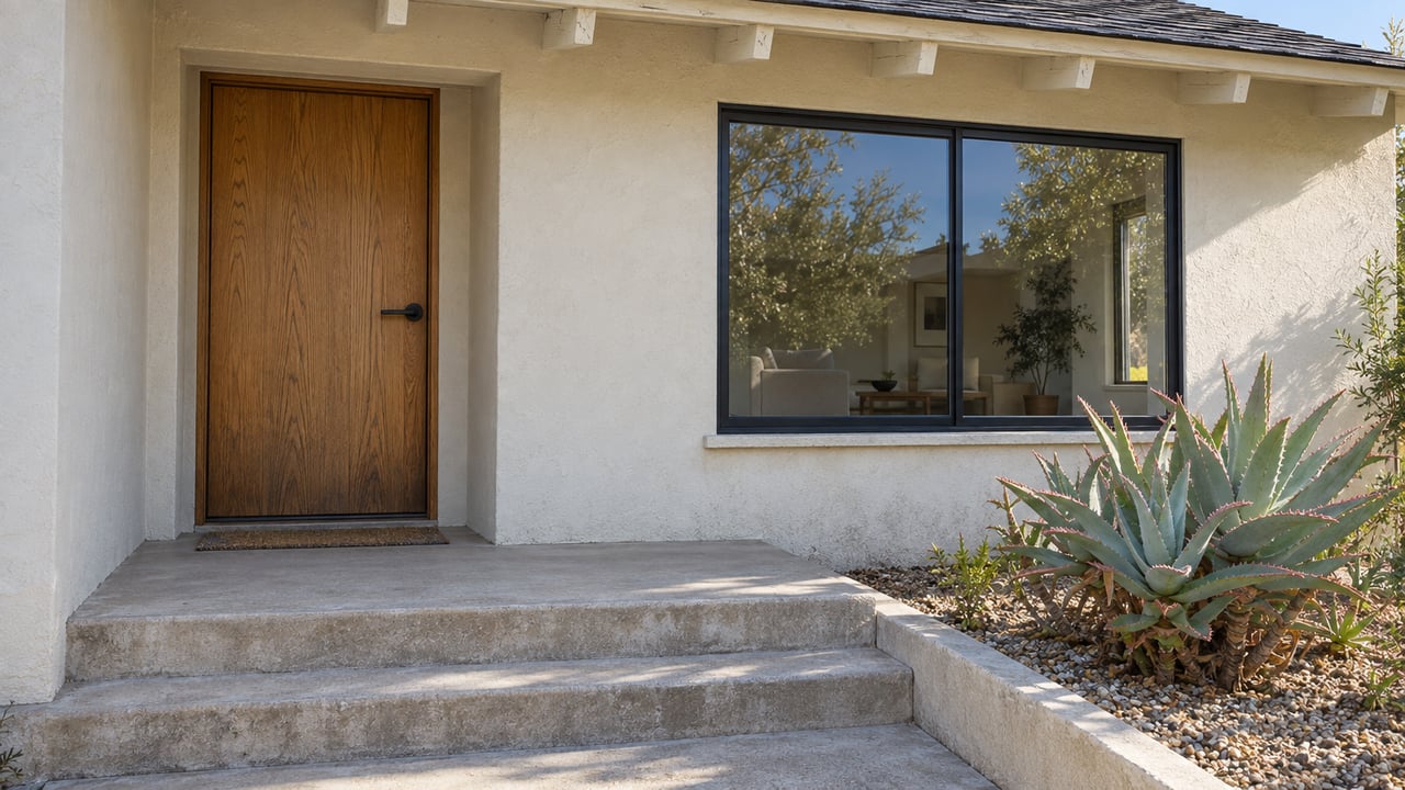 Close view of an ivory stucco bungalow entry with an oak door, black-framed window, worn concrete steps, and a blue-green aloe.