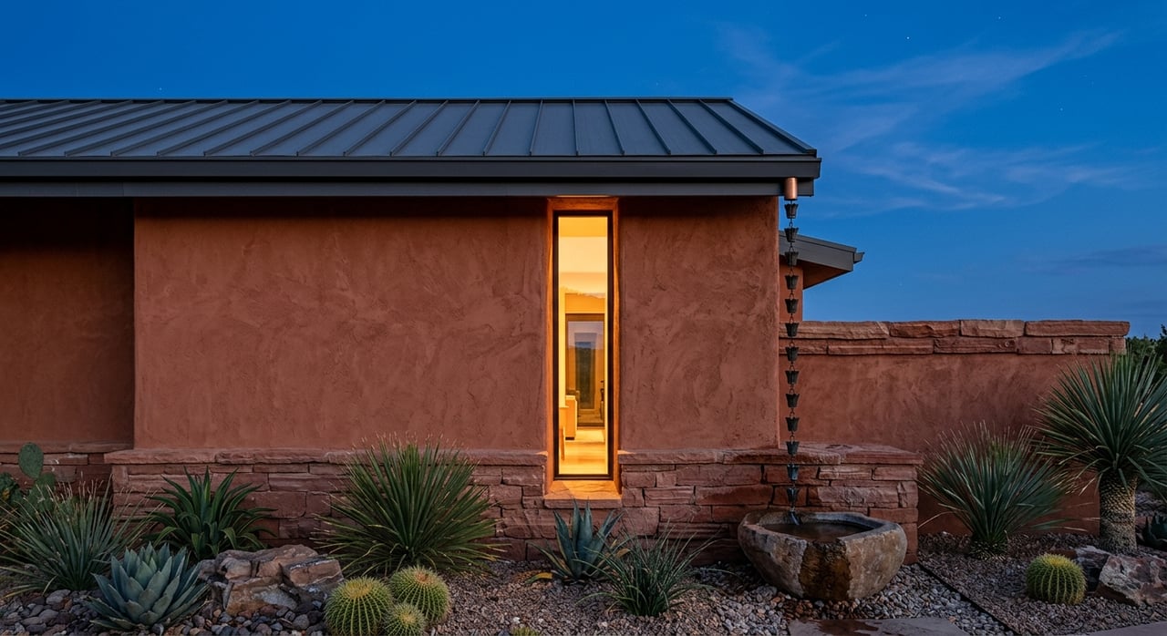 Terracotta plaster facade with a sandstone base, rain chain, basalt basin, and desert plants at blue hour.