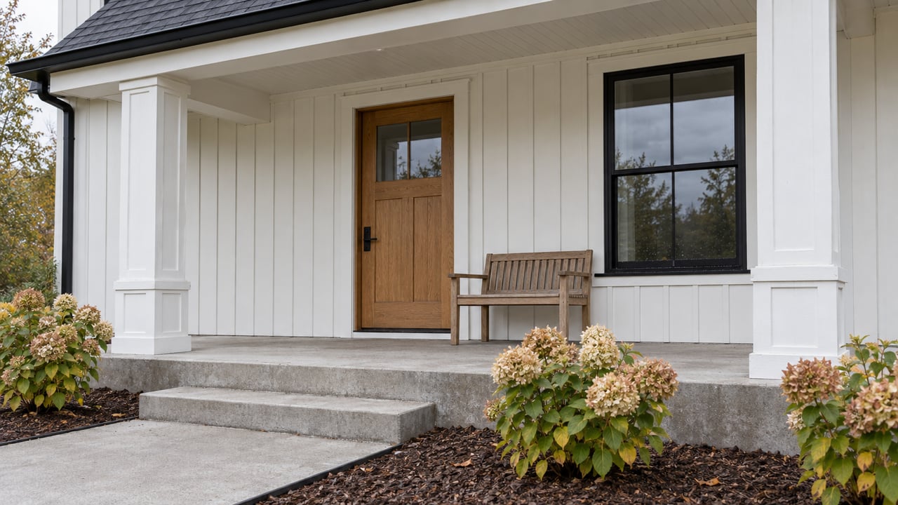 White board-and-batten home with a covered porch, oak entry door, black divided-light window, concrete steps and autumn hydrangeas.