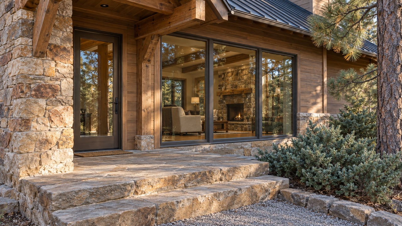 Covered timber entrance with sandstone steps, bronze-framed windows and weathered cedar siding in clear afternoon light.
