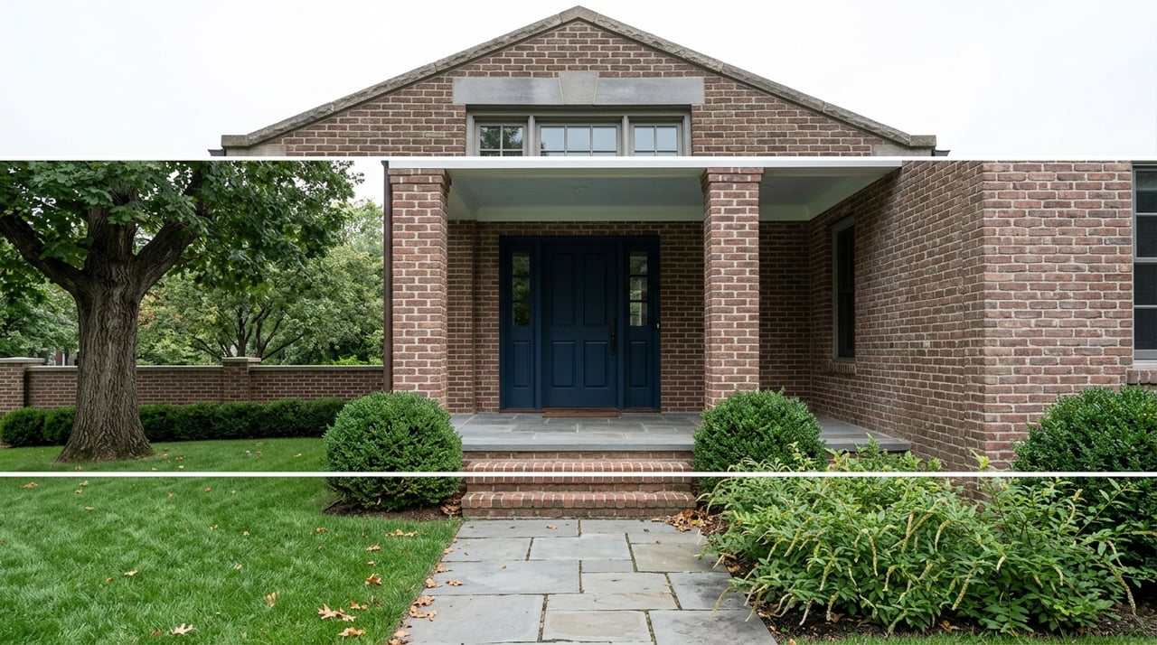 Brick house entry with a navy door, flagstone path, clipped boxwood, and a mature oak beside the lawn.