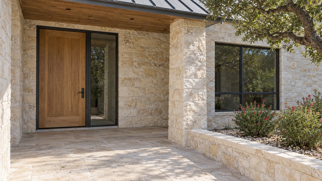 Limestone home entry with oak door, dark-framed glazing, timber soffit and a raised flowering sage bed beneath a live oak.
