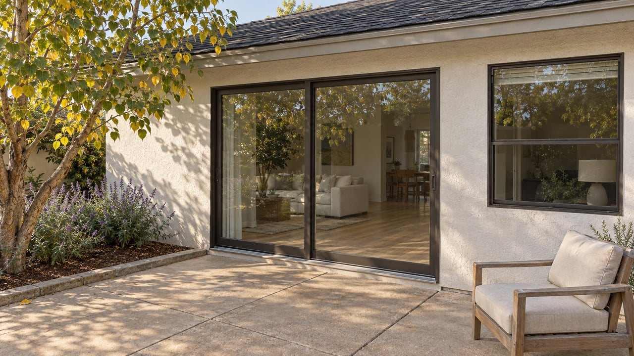 Warm-white cottage with closed bronze-framed sliding doors, weathered teak chair and a concrete patio beside a western redbud planting bed.