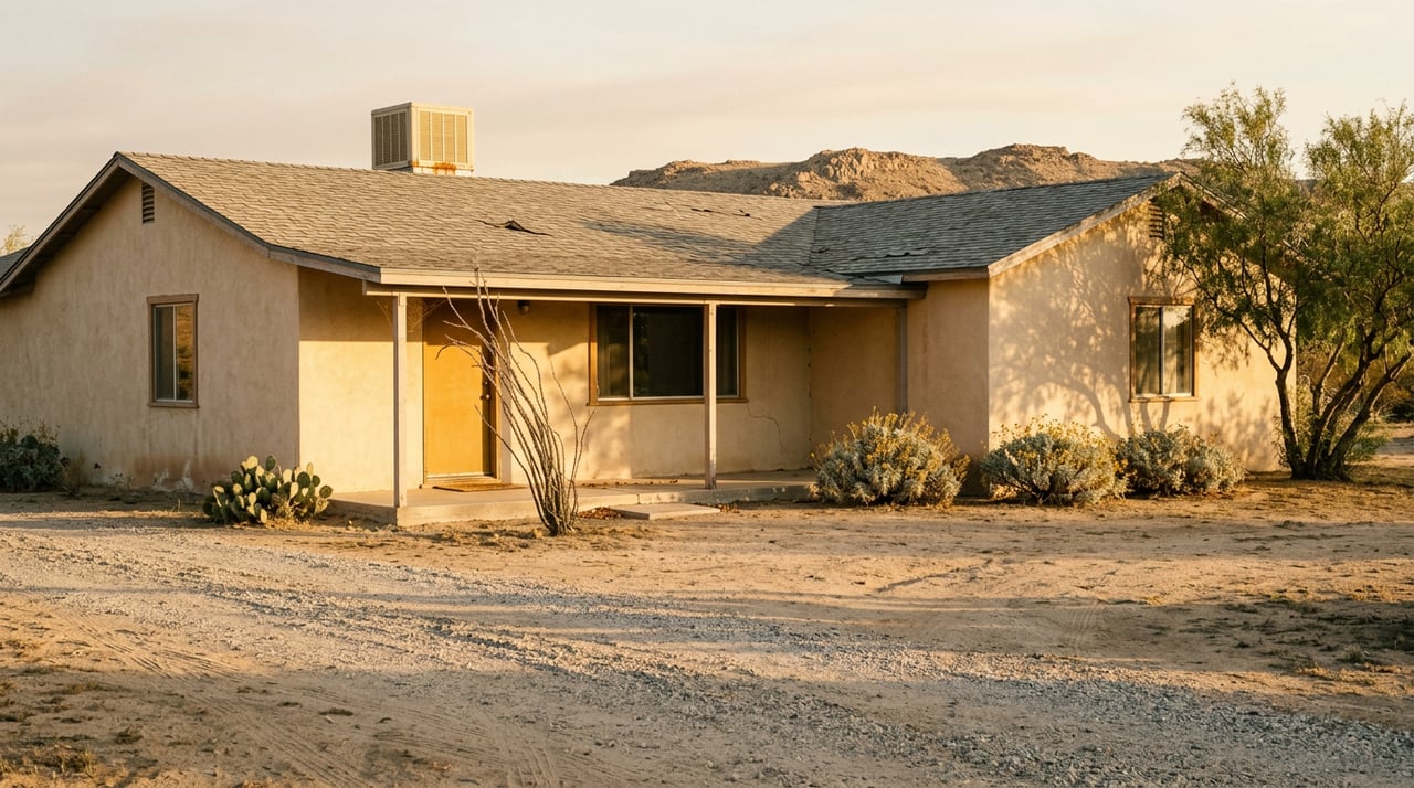 A stucco home with a gravel driveway, open desert yard, ocotillo, and roof-mounted cooler.