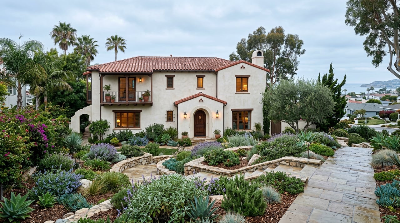Spanish Revival stucco home with an arched entry, bay window, clay tile roof, and tiered garden behind a stone wall.