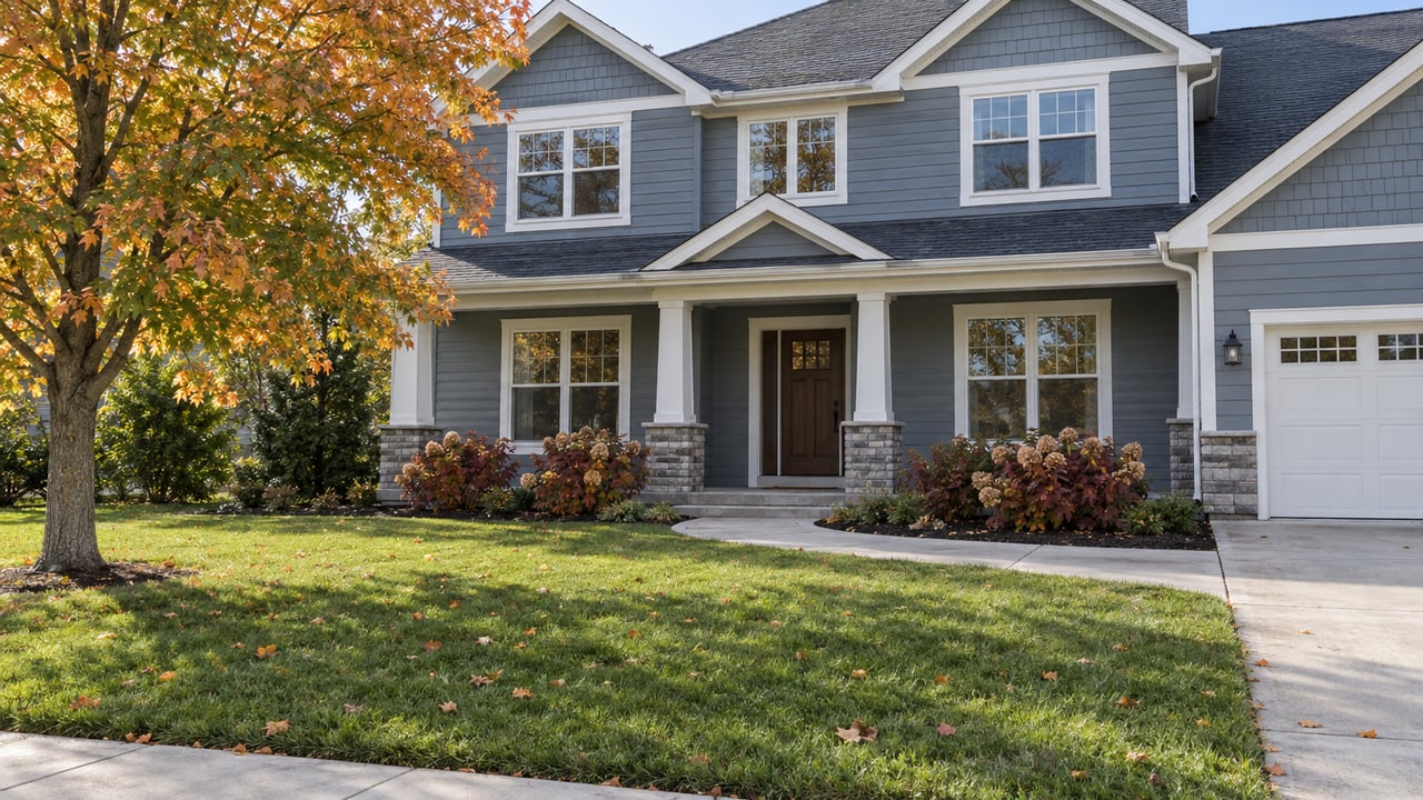 Blue-gray two-story gabled home behind a deep lawn, with a covered stone-based porch and an amber sugar maple.