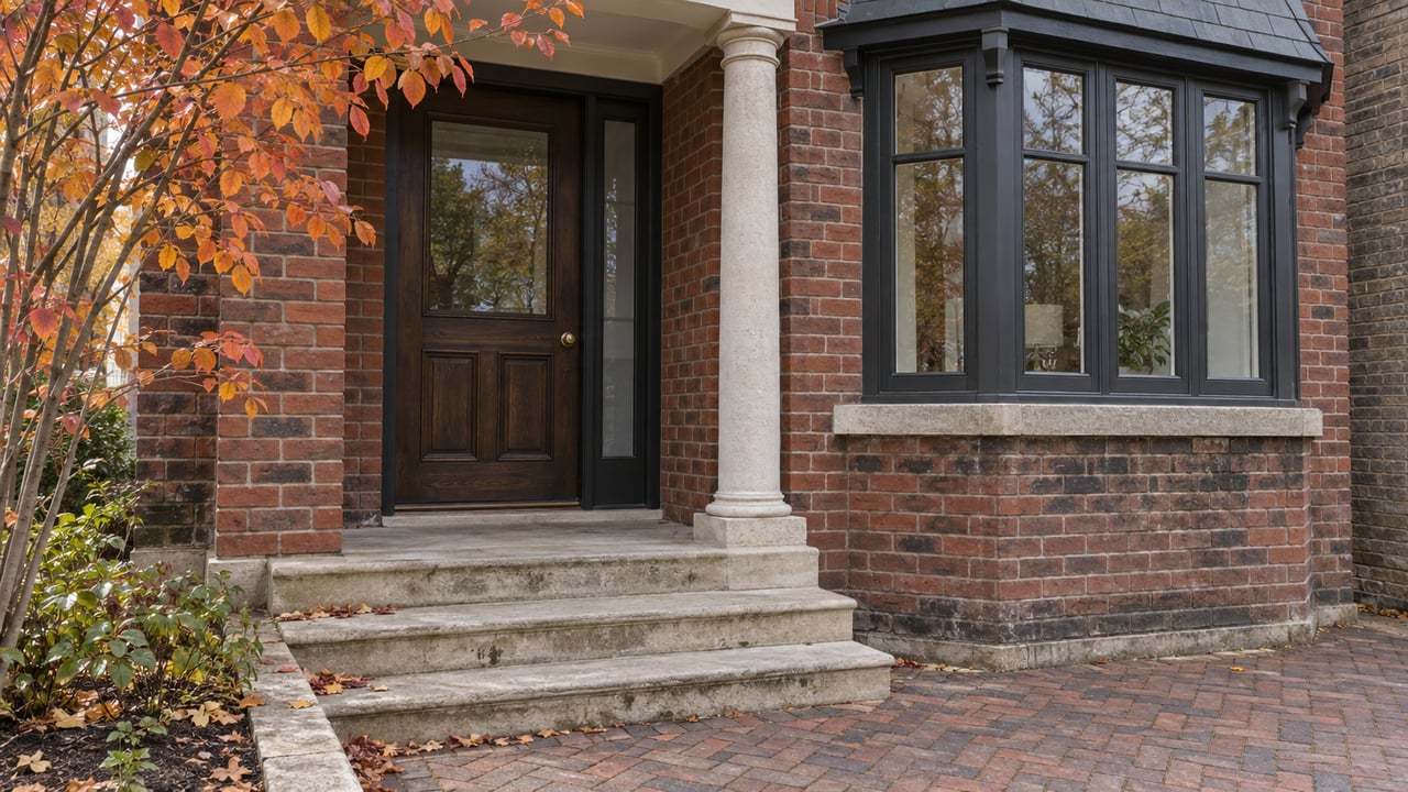 Brick semi-detached home with a recessed oak door, limestone steps, and copper-orange leaves.