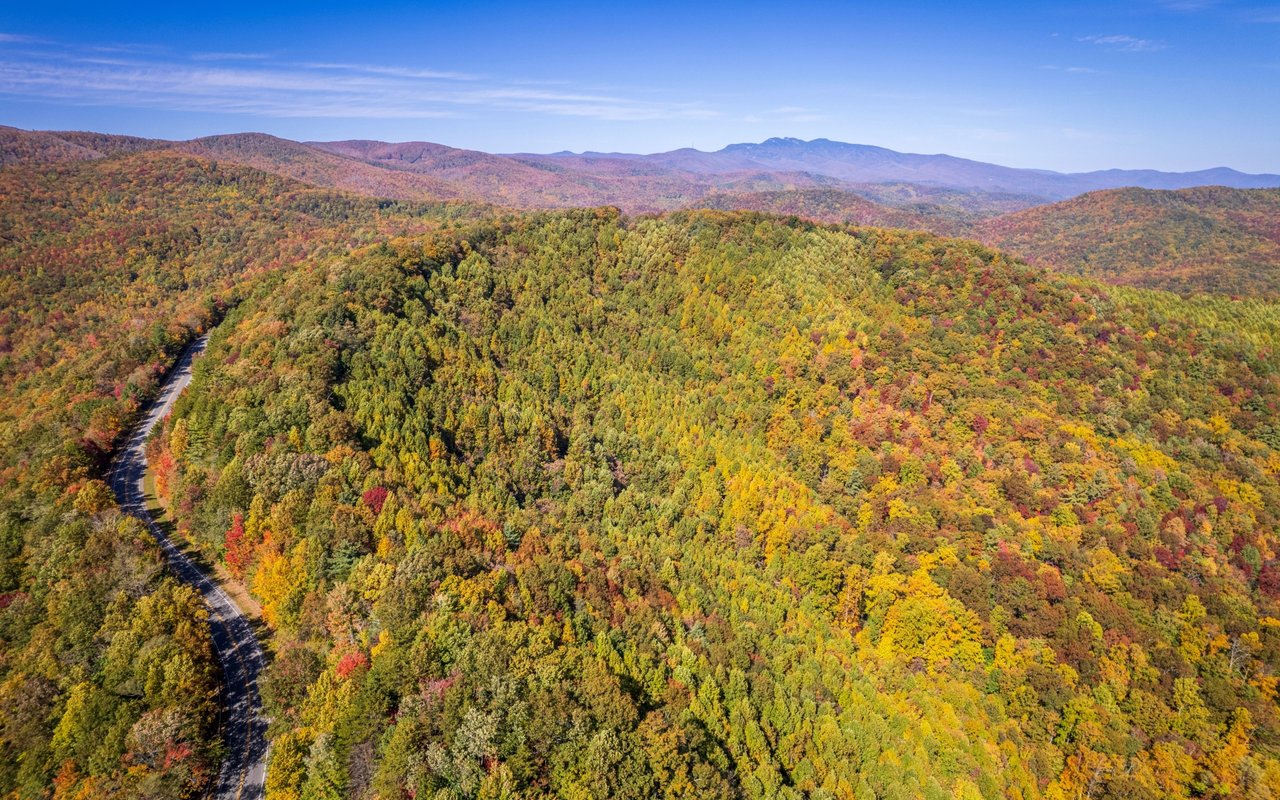 A winding road curves through colorful autumn forest, with layered mountain ridges in the distance.