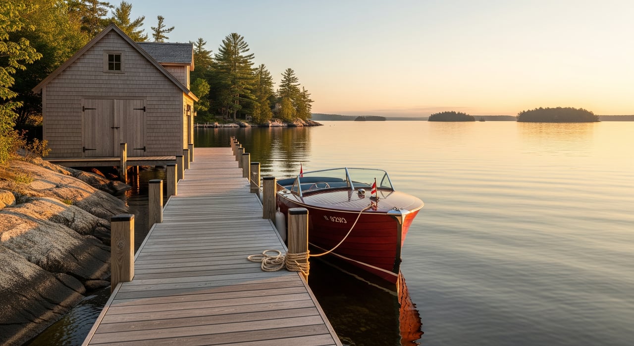 Gray boathouse beside a long wooden dock, with a red motorboat moored on a calm lake at sunset.