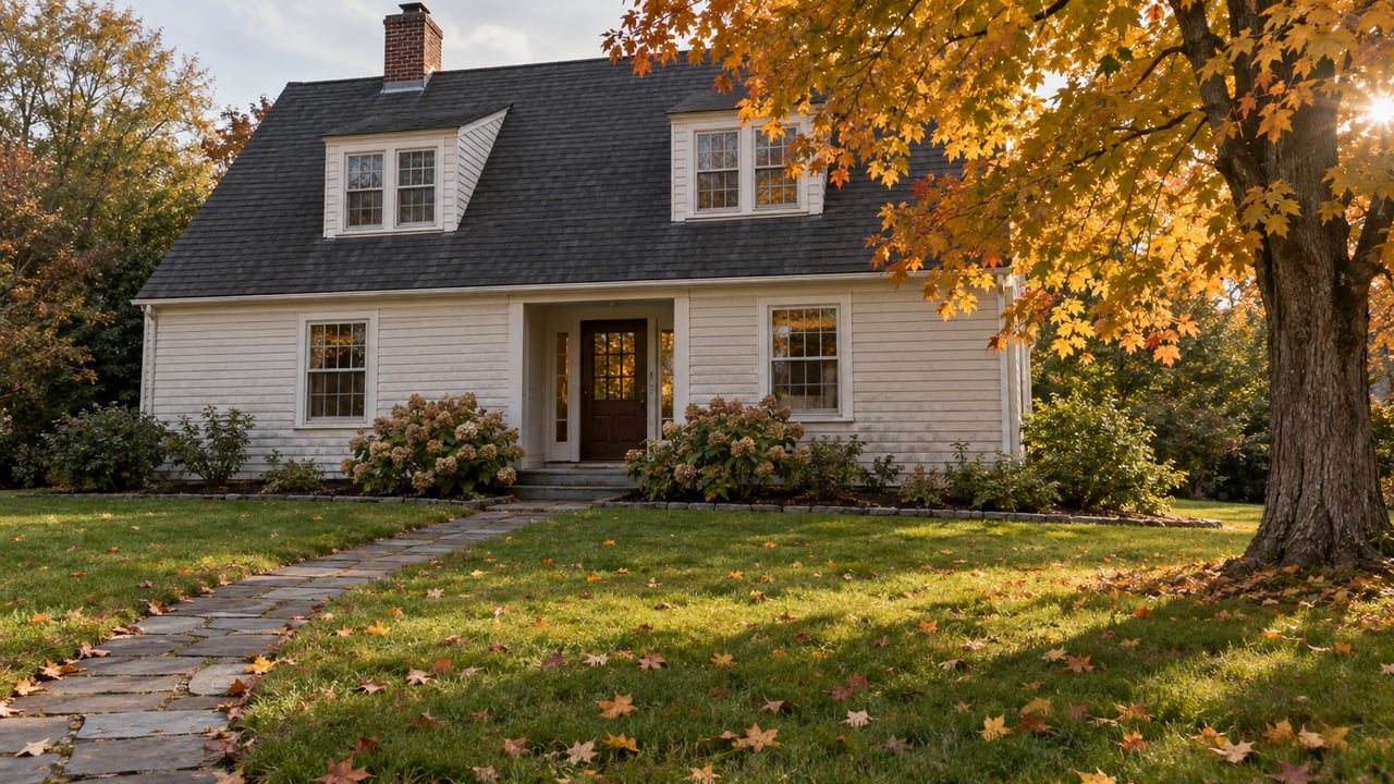 Warm-white Cape house behind a broad lawn, with a bluestone path and golden maple canopy.