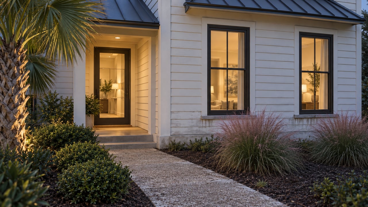 Ivory-sided coastal house with warm-lit windows, a recessed entry, and a shell-aggregate walk through planted beds.