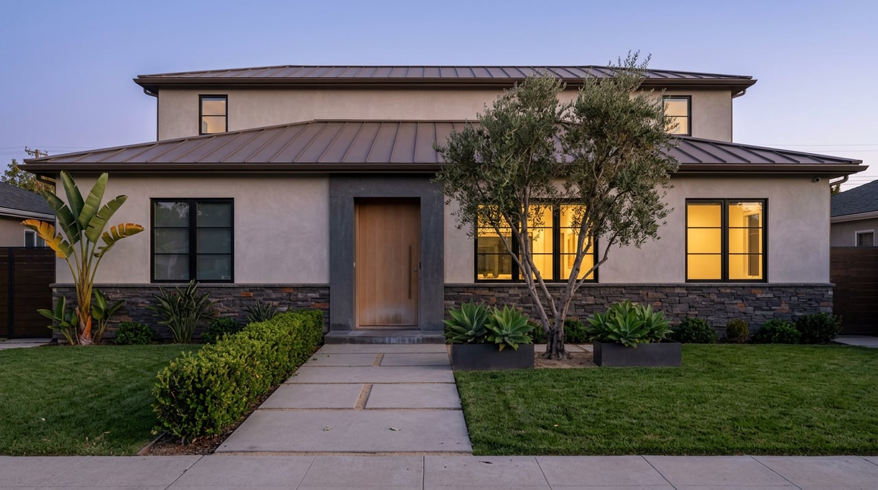 Two-story stucco-and-stone house at dusk, with warm glowing windows, a metal roof, and an olive tree by the entry.